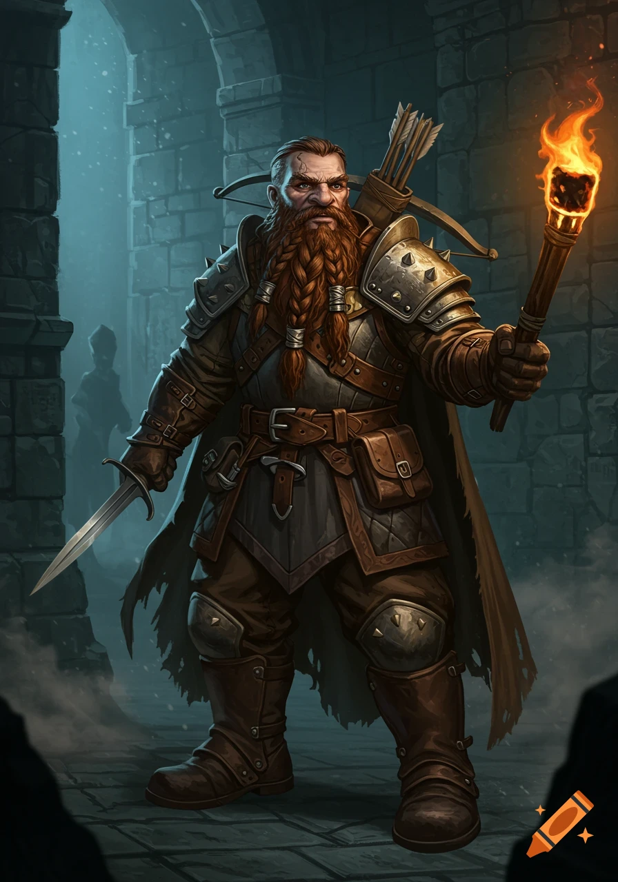 A grizzled male dwarf warrior with braided red beard, armored, holding a dagger and a flaming torch in a dark dungeon.