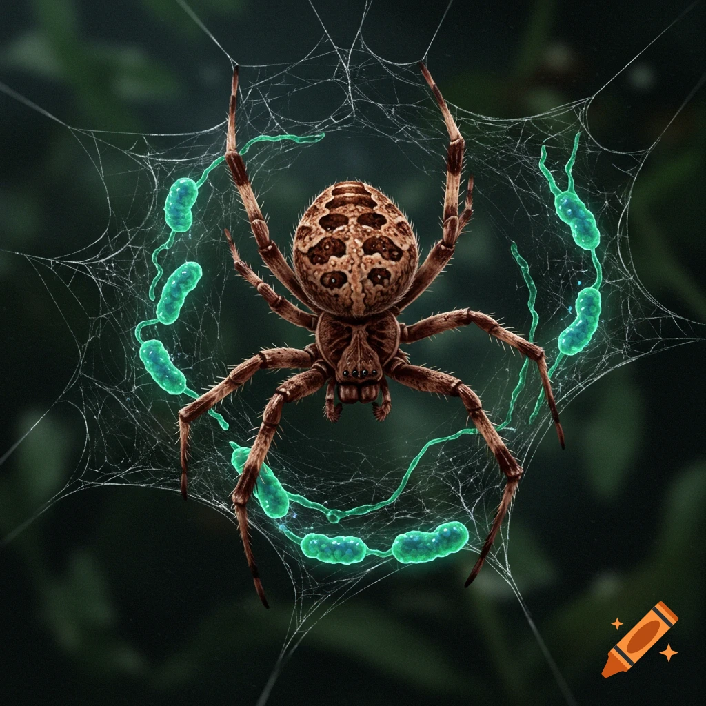 A detailed illustration of a brown spider on its web, surrounded by glowing green, bean-shaped mitochondria.