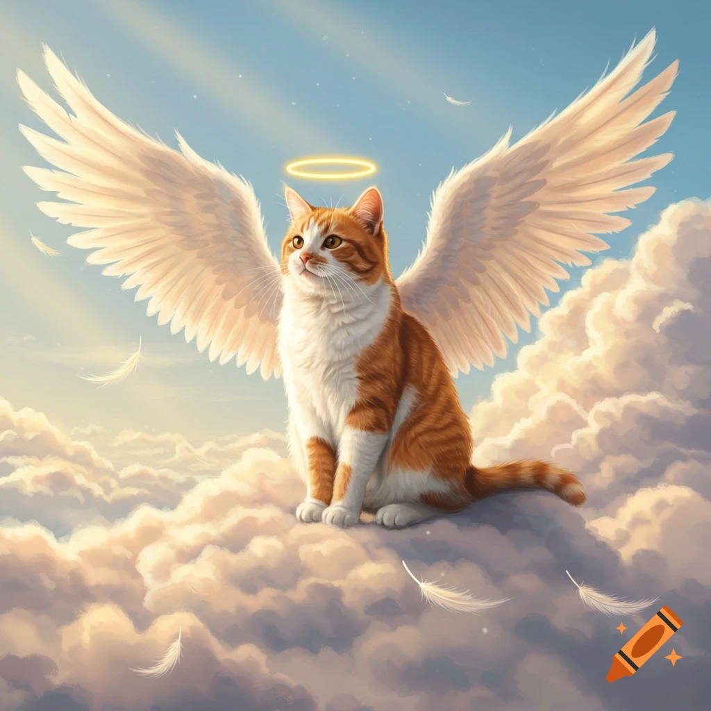 An orange and white cat with angel wings and a halo sits peacefully on fluffy white clouds in a bright blue sky.