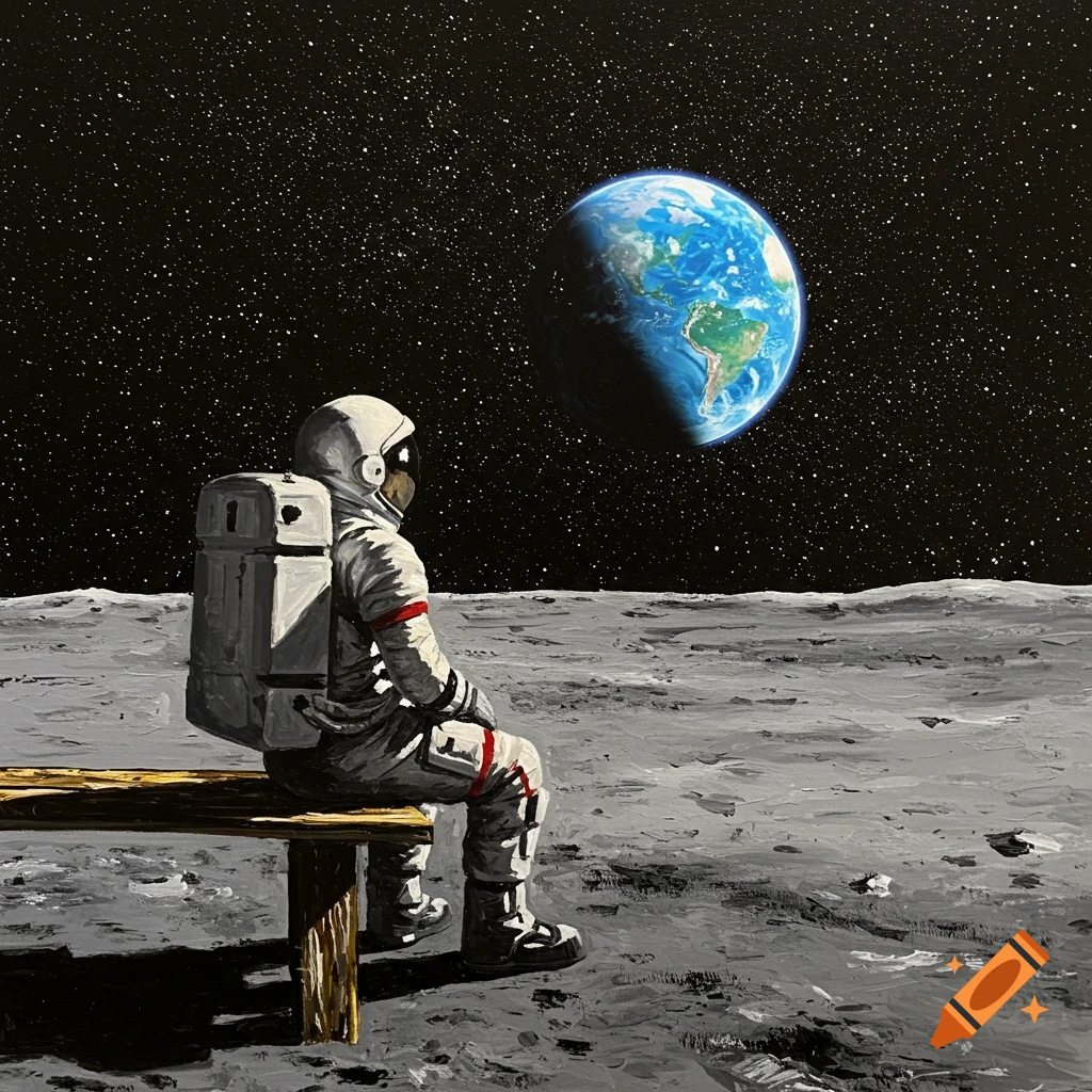 Astronaut sitting on a wooden bench on the moon, looking at Earth in a starry sky, in an oil painting style.