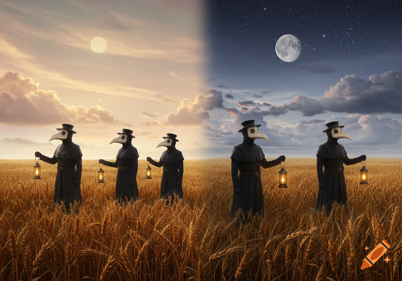 Five plague doctors with lanterns walk through a wheat field under a sky split between day and starry night.