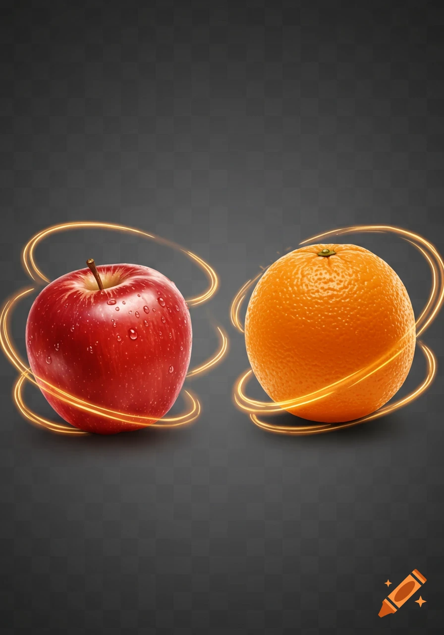 Photorealistic red apple and orange with glowing golden rings on a transparent background.
