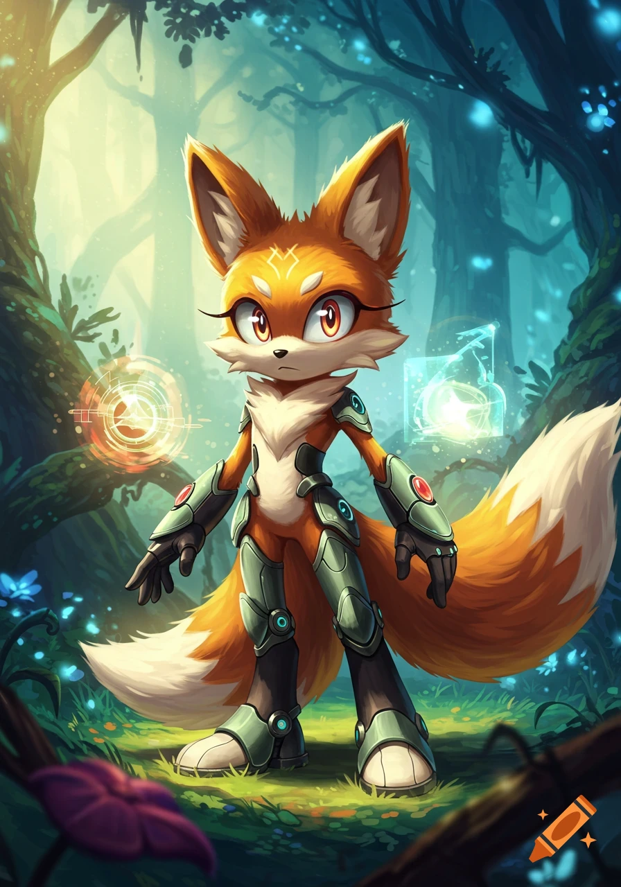 An anthropomorphic fox character with copper and cream fur and sleek armor stands in a mystical glowing forest, anime style.