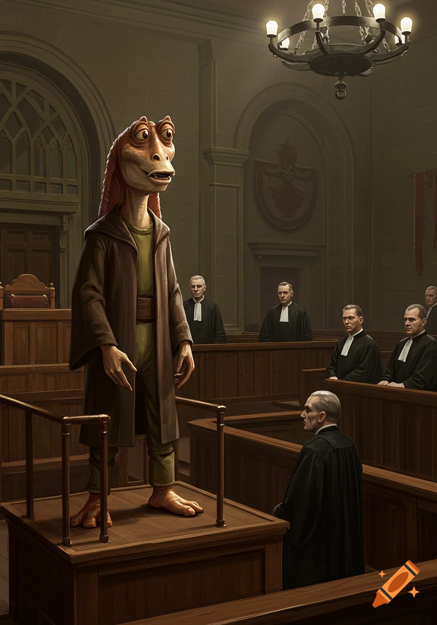 Jar Jar Binks stands on a witness stand in a grand, old-fashioned courtroom before solemn robed figures.