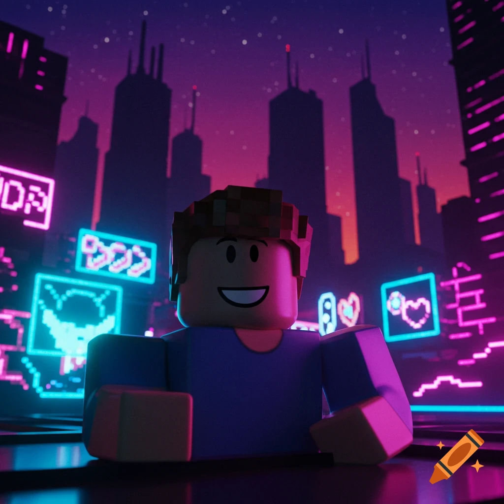 A smiling Roblox character in a futuristic cyberpunk city with neon signs.
