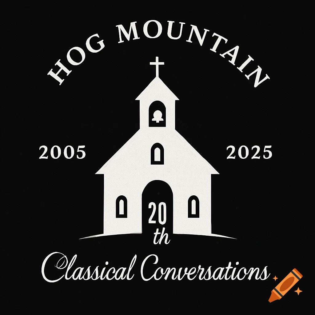 White silhouette logo of a church with a cross, bell, and arched text 'HOG MOUNTAIN', dates '2005' and '2025', '20th', and 'Classical Conversations' in cursive, all on a black background.