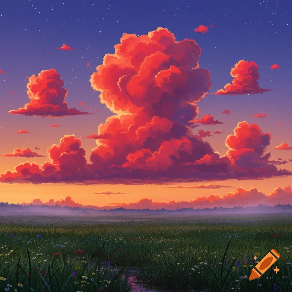 Vibrant anime-style landscape with red cumulus clouds at sunset over a field of green grass and wildflowers.