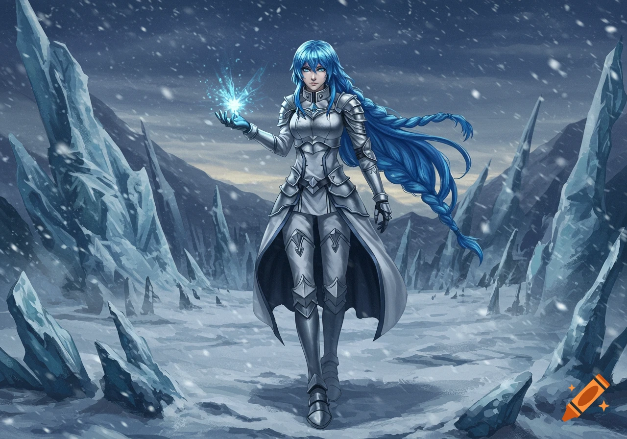 A blue-haired female warrior in silver armor walks through a snowy ice landscape, holding a glowing blue orb. Anime style.