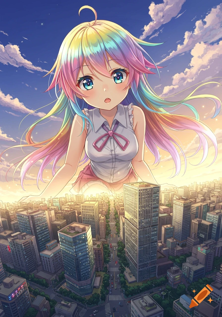 An anime girl with rainbow hair and blue eyes, wearing a white shirt and pink skirt, gazes down at a sprawling city during sunset, appearing massive in scale.