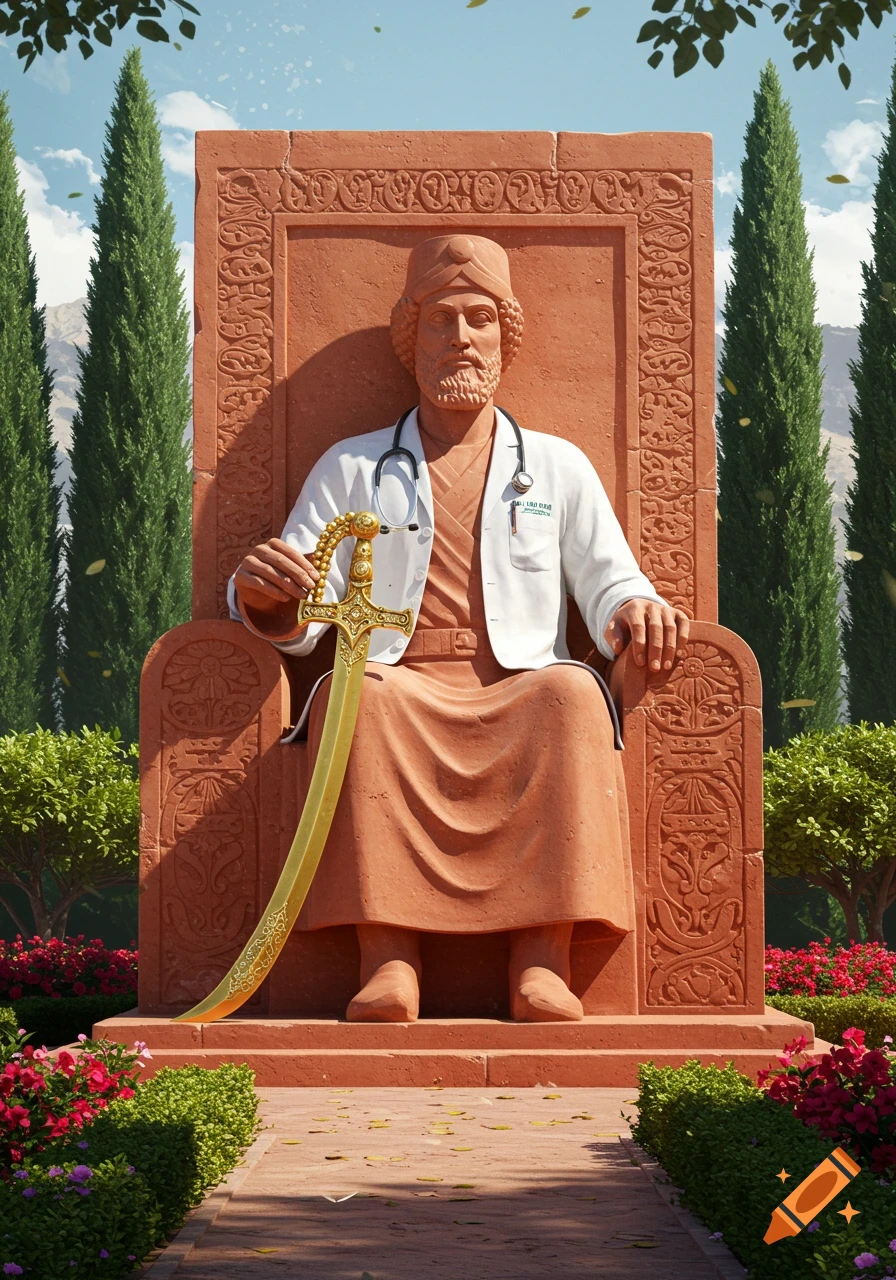 Photorealistic image of a seated Persian-style statue with a turban and beard, wearing a white doctor's coat, holding a golden sword on an ornate throne in a garden.