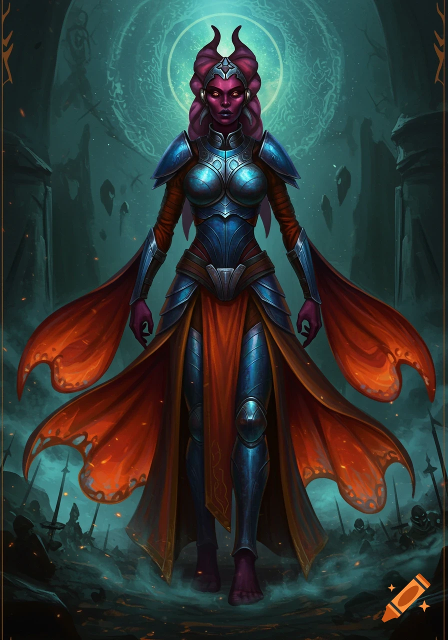 A horned, magenta-skinned female warrior in blue armor and flowing orange and indigo robes stands on a battlefield with a glowing magical symbol behind her.