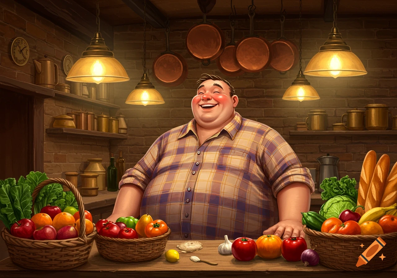 A cheerful, plump man in a plaid shirt stands smiling in a rustic kitchen, surrounded by baskets of fresh produce and bread.