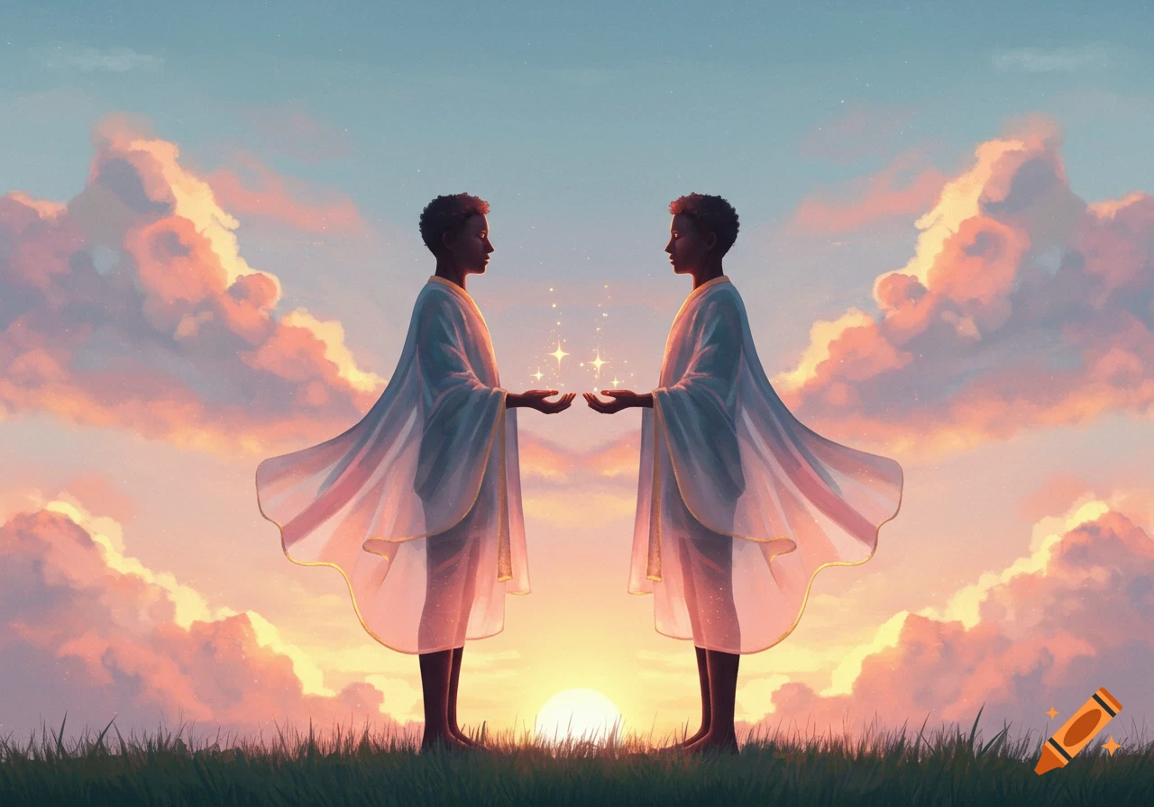 Two twin figures in white robes face each other, hands glowing with sparkling light, on a grassy hill at sunset with colorful clouds.