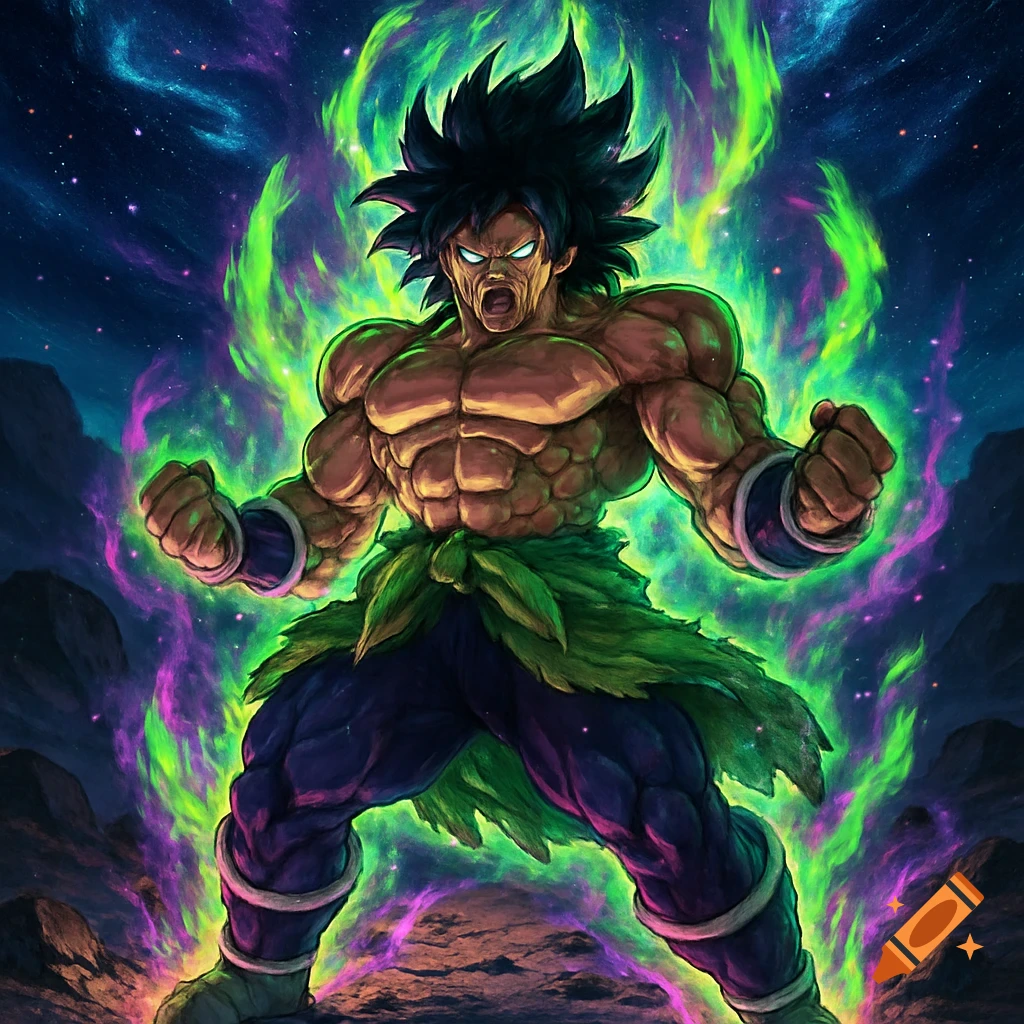 Muscular anime character Broly with spiky hair shouts, surrounded by a vibrant green and purple aura in a cosmic setting.