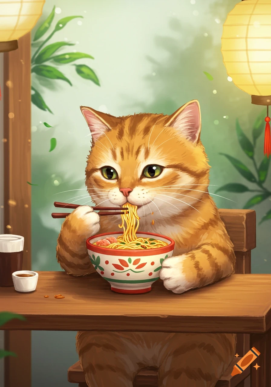 A cute orange tabby cat eating ramen noodles with chopsticks at a wooden table in a vibrant cartoon illustration with lanterns.