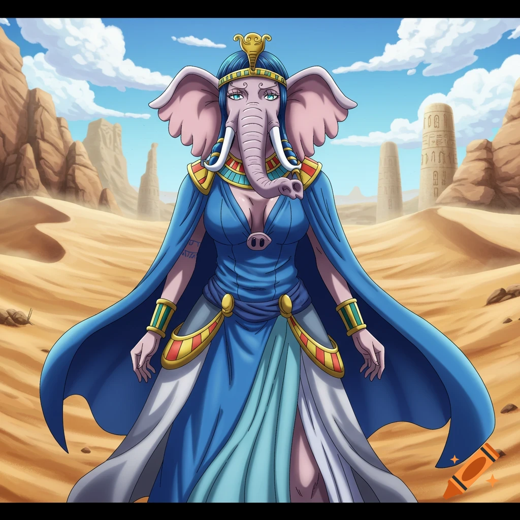 Anime character with an elephant head, wearing a blue Egyptian-style dress, stands in a sandy desert with ruins.