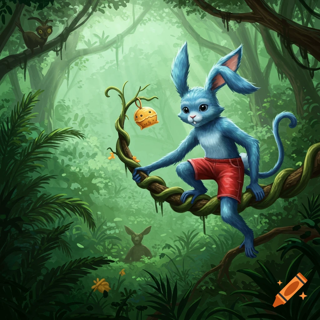 A blue, furry rabbit-monkey in red shorts crouches on a vine in a lush green jungle, holding a lantern. An illustrated fantasy scene.