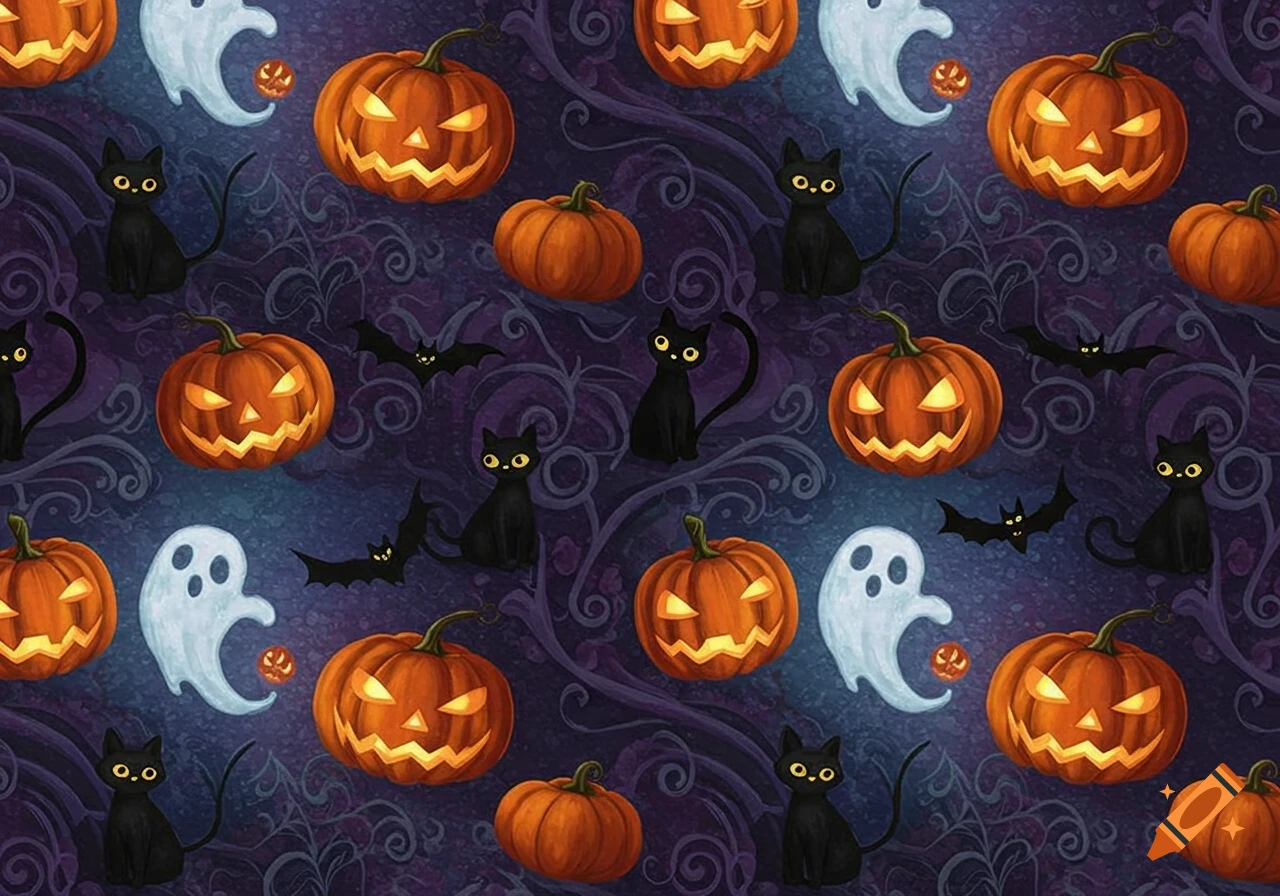 A seamless Halloween pattern featuring glowing jack-o'-lanterns, white ghosts, black cats, and bats on a dark, swirling purple background.