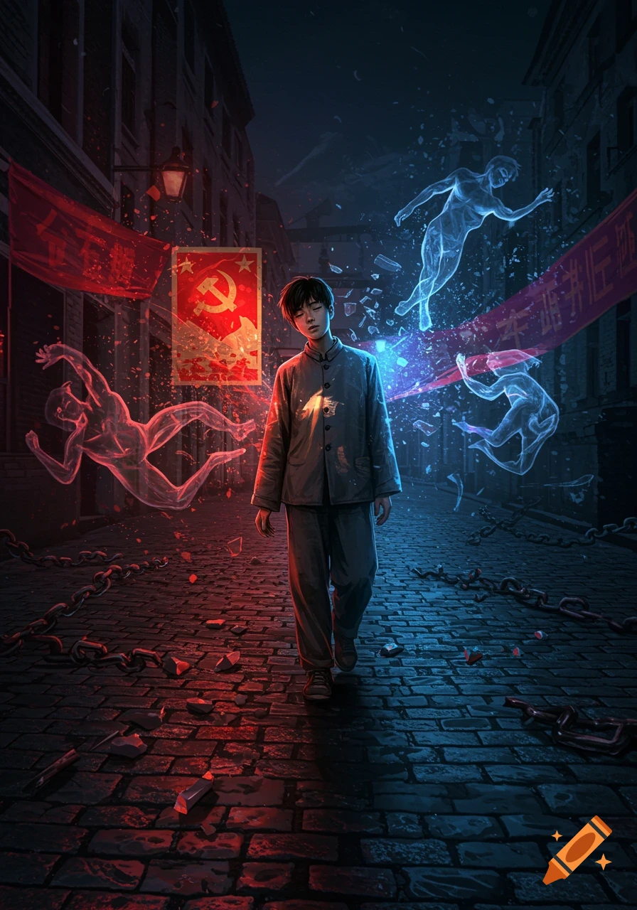 An adolescent Chinese male walks down a dark, cobblestone street, lit by red and blue light, with red banners and a hammer and sickle poster. Ghostly figures and broken chains float around him in a surreal scene.