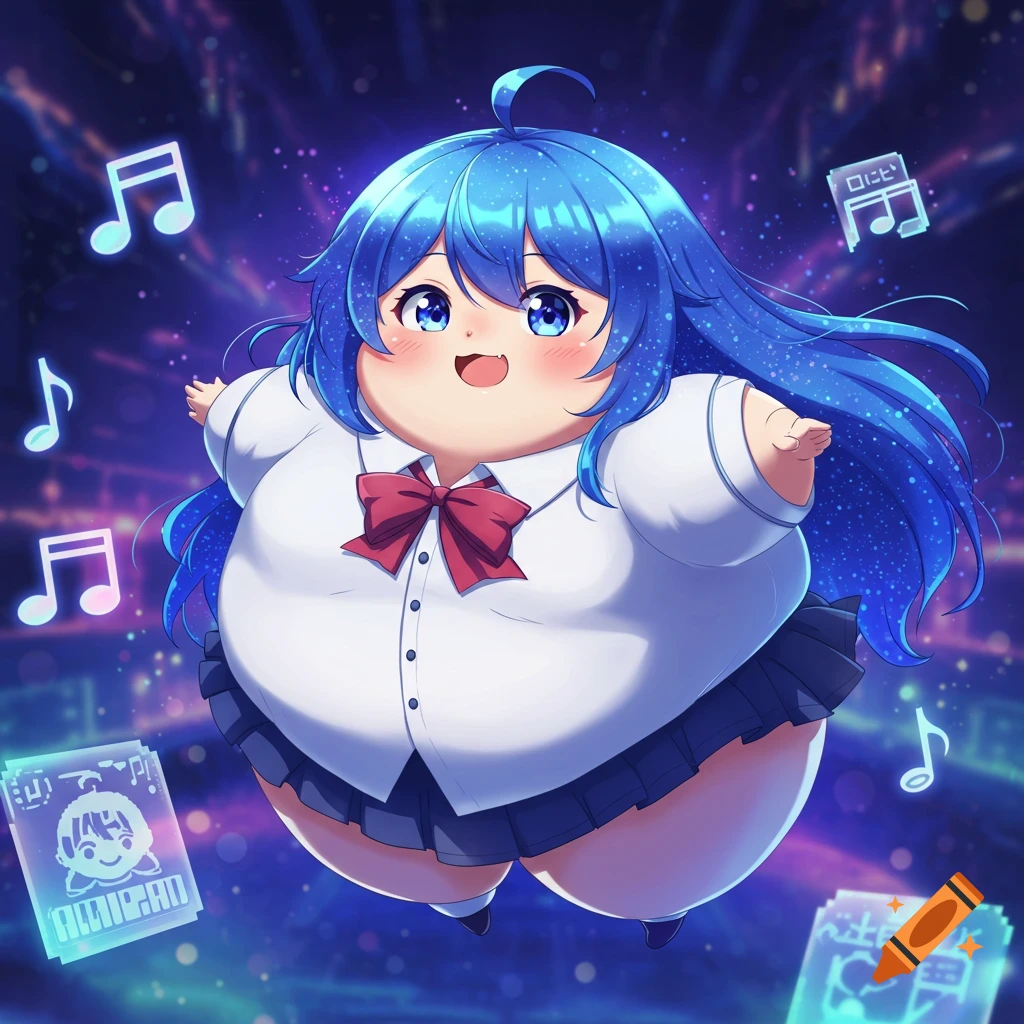 A very round, smiling anime girl with bright blue hair and eyes, wearing a white shirt and dark skirt, floats among glowing musical notes in a starry purple-blue background.
