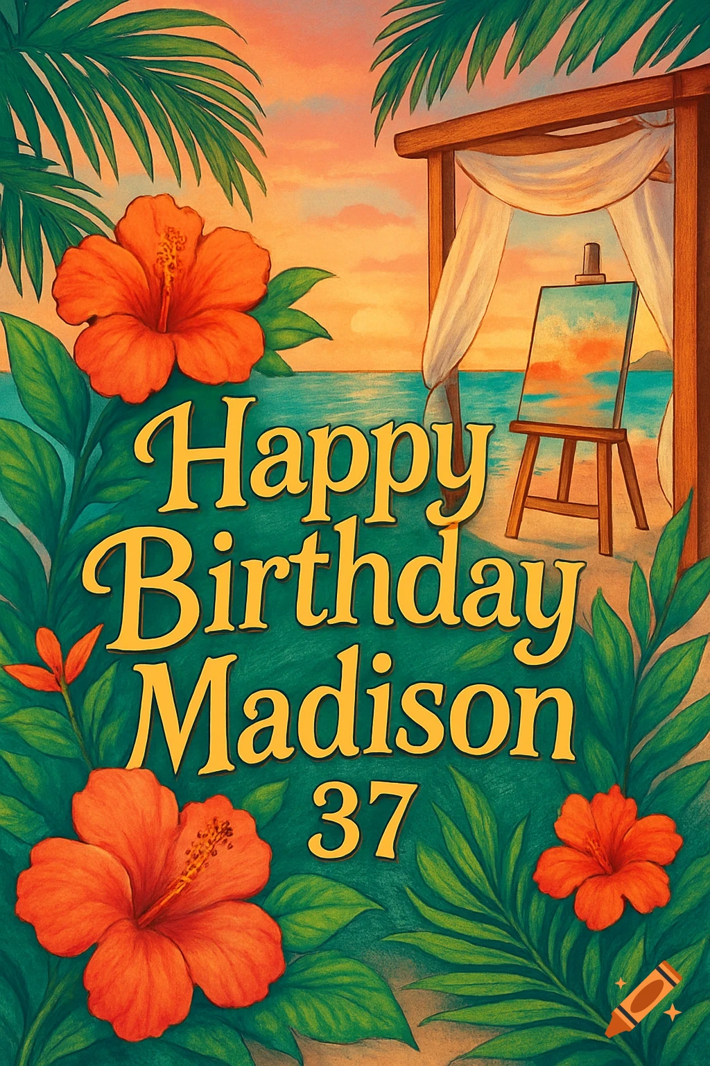 Tropical birthday card illustration with orange hibiscus, green leaves, a beach sunset, an easel, and 'Happy Birthday Madison 37' text.
