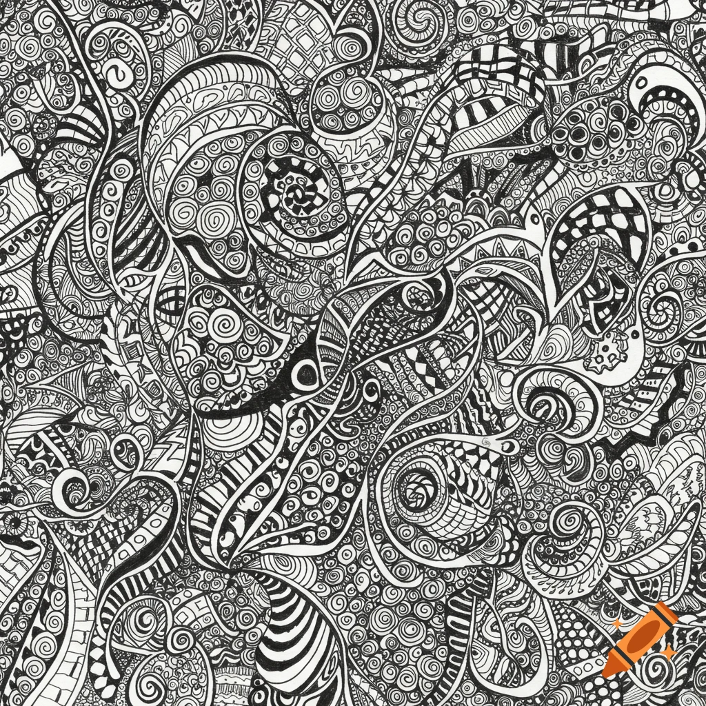 Intricate black and white Zentangle drawing with flowing, abstract patterns, spirals, lines, and dots covering the frame.