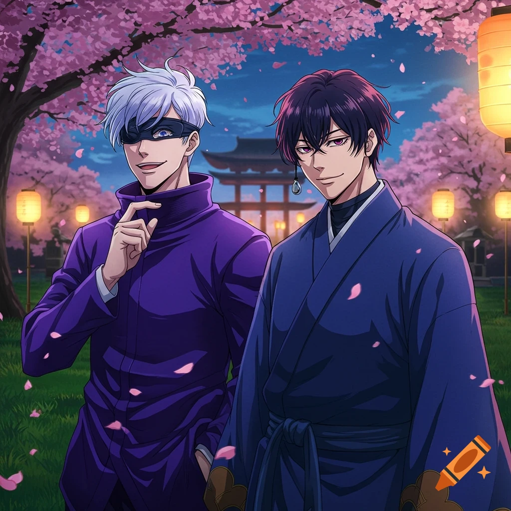 Two anime men, one with white hair and a blindfold, the other with dark hair in a kimono, stand under pink cherry blossoms with lanterns at night.