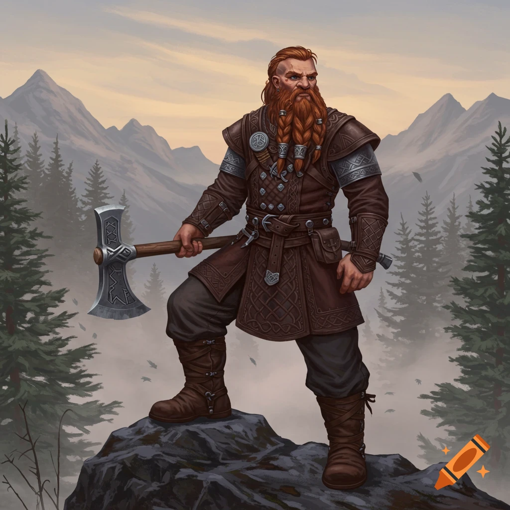A bearded dwarf warrior in leather armor holds an axe, standing on a rocky outcrop in a mountainous, forested landscape.