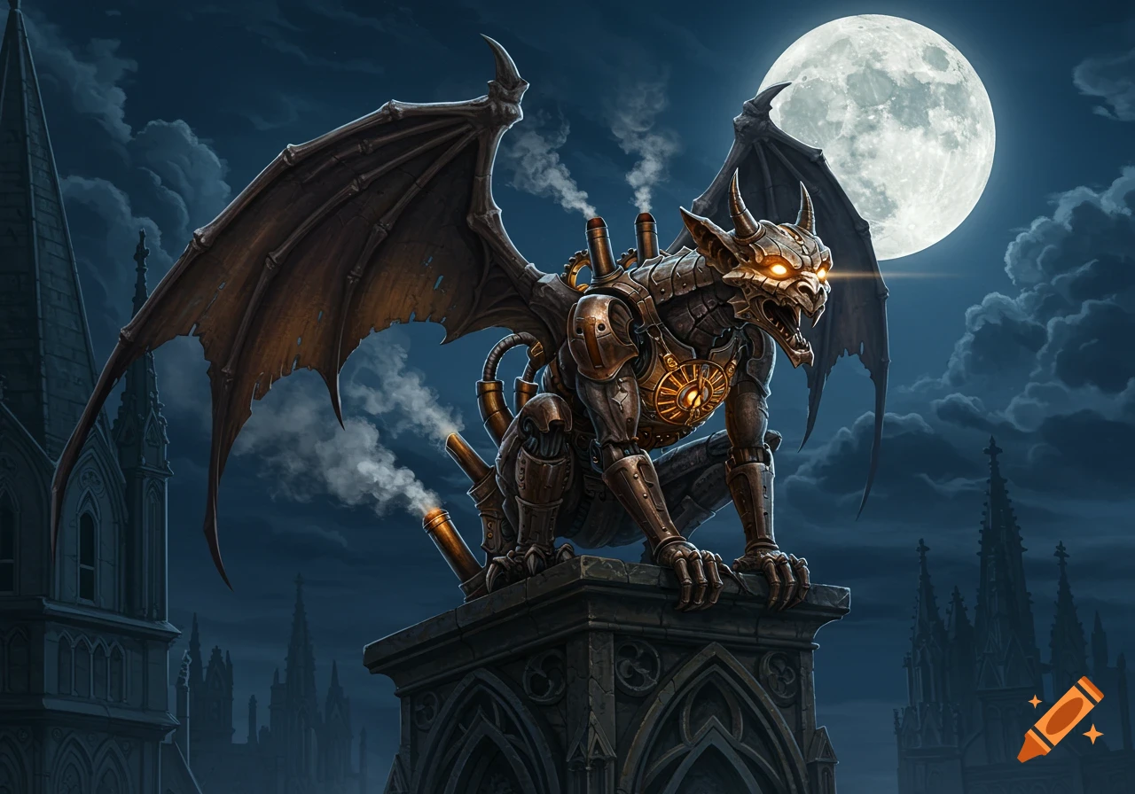 A detailed steampunk clockwork gargoyle with glowing eyes perches on a gothic pedestal under a bright full moon at night.