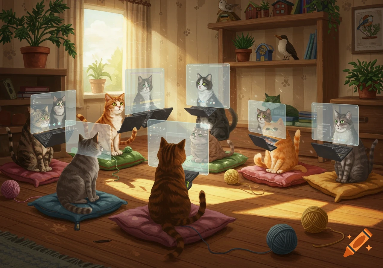Digital painting of multiple cats on pillows, using laptops with holographic screens in a sunlit room, appearing to be in a video call.