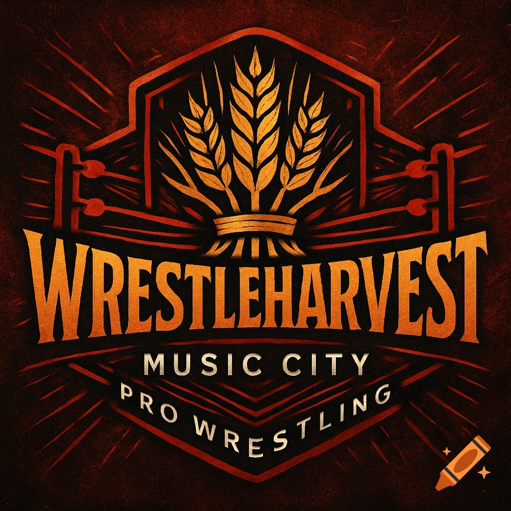 Grunge-style logo for WrestleHarvest Pro Wrestling, featuring wheat ears and a wrestling ring in shades of orange and red.