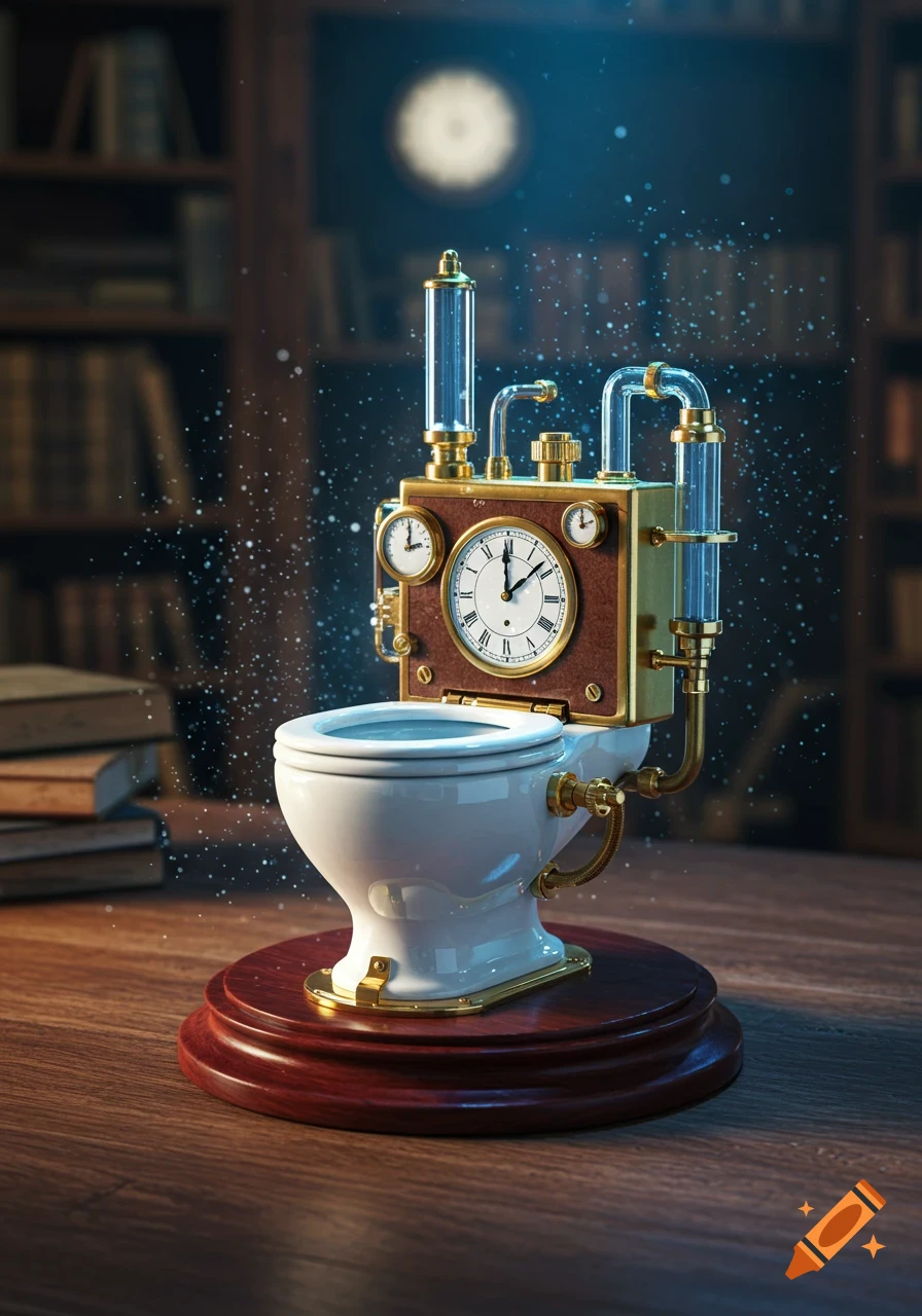A detailed, photorealistic steampunk time-traveling toilet device with gauges and pipes on a wooden table in a dimly lit library.