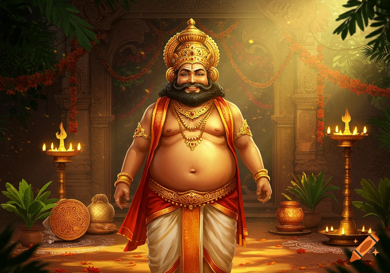 Smiling, stout King Mahabali in royal Indian attire, crown, and jewels, in a festive temple setting with oil lamps and garlands.