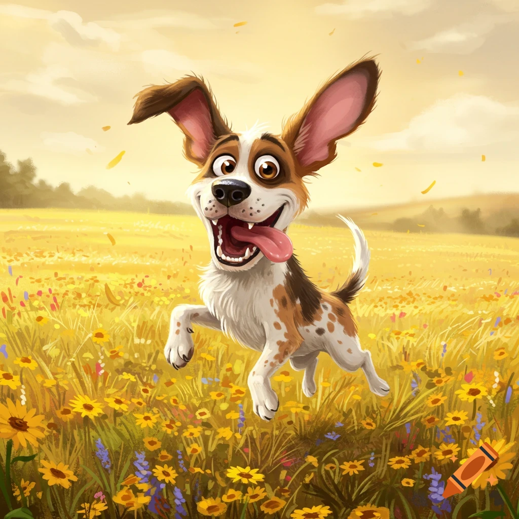 A happy, goofy cartoon dog with big ears and its tongue out, jumps through a sunny field of yellow flowers.