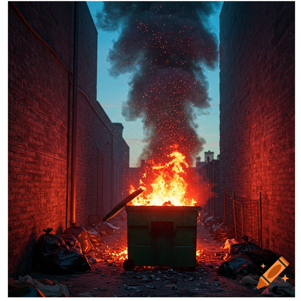A dark green dumpster engulfed in bright red flames and black smoke, with sparks rising, in a dim urban alleyway at dusk.