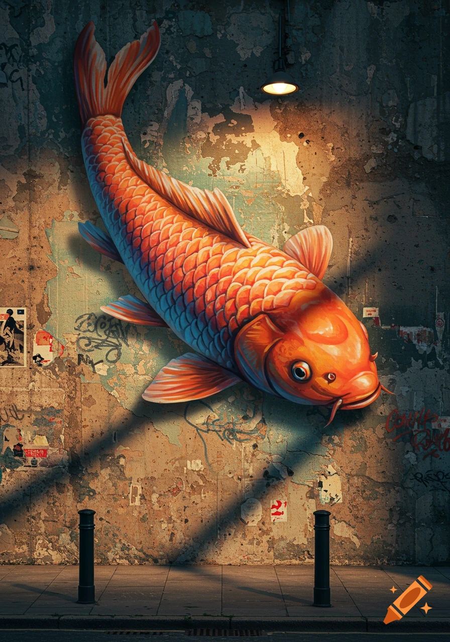 A vibrant orange koi carp mural is painted on a grungy, peeling concrete wall with faint graffiti, illuminated by a streetlamp.