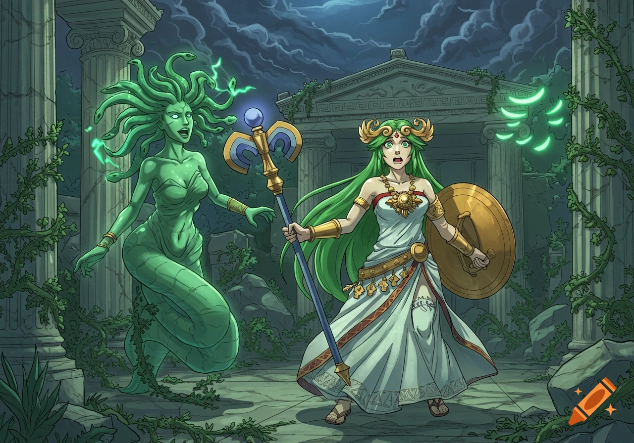 Medusa, a green snake woman, confronts the green-haired goddess Palutena with a staff and shield in ancient ruins at night.