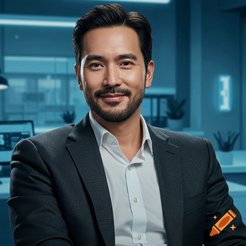A smiling man with a beard and dark hair, wearing a suit and white shirt, in a modern office environment.