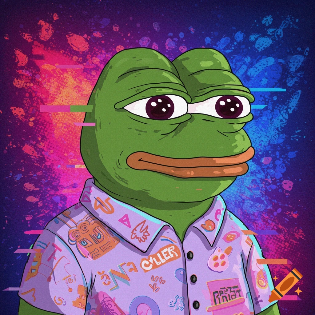 Cartoon Pepe the Frog in a purple patterned shirt against a colorful, glitchy background.