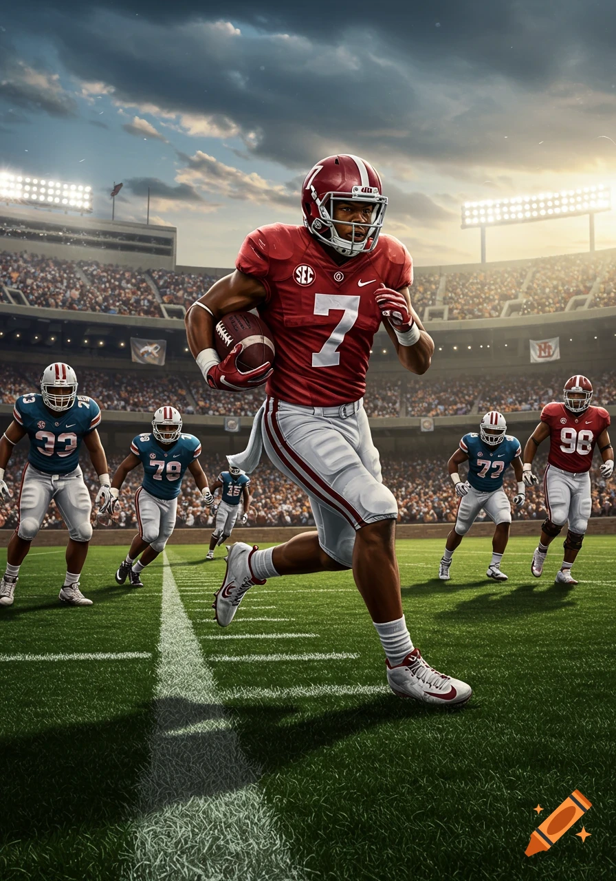 A photorealistic American football player in a red jersey with number 7 runs with the ball on a green field. Opposing players and a crowded stadium are in the background under a dramatic sky.