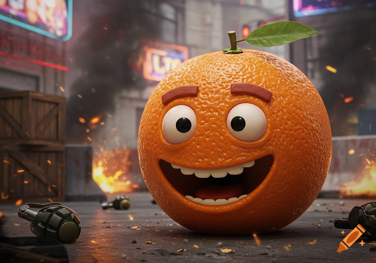 A 3D render of a cheerful Annoying Orange character smiling amidst fire, smoke, and grenades on a city street.
