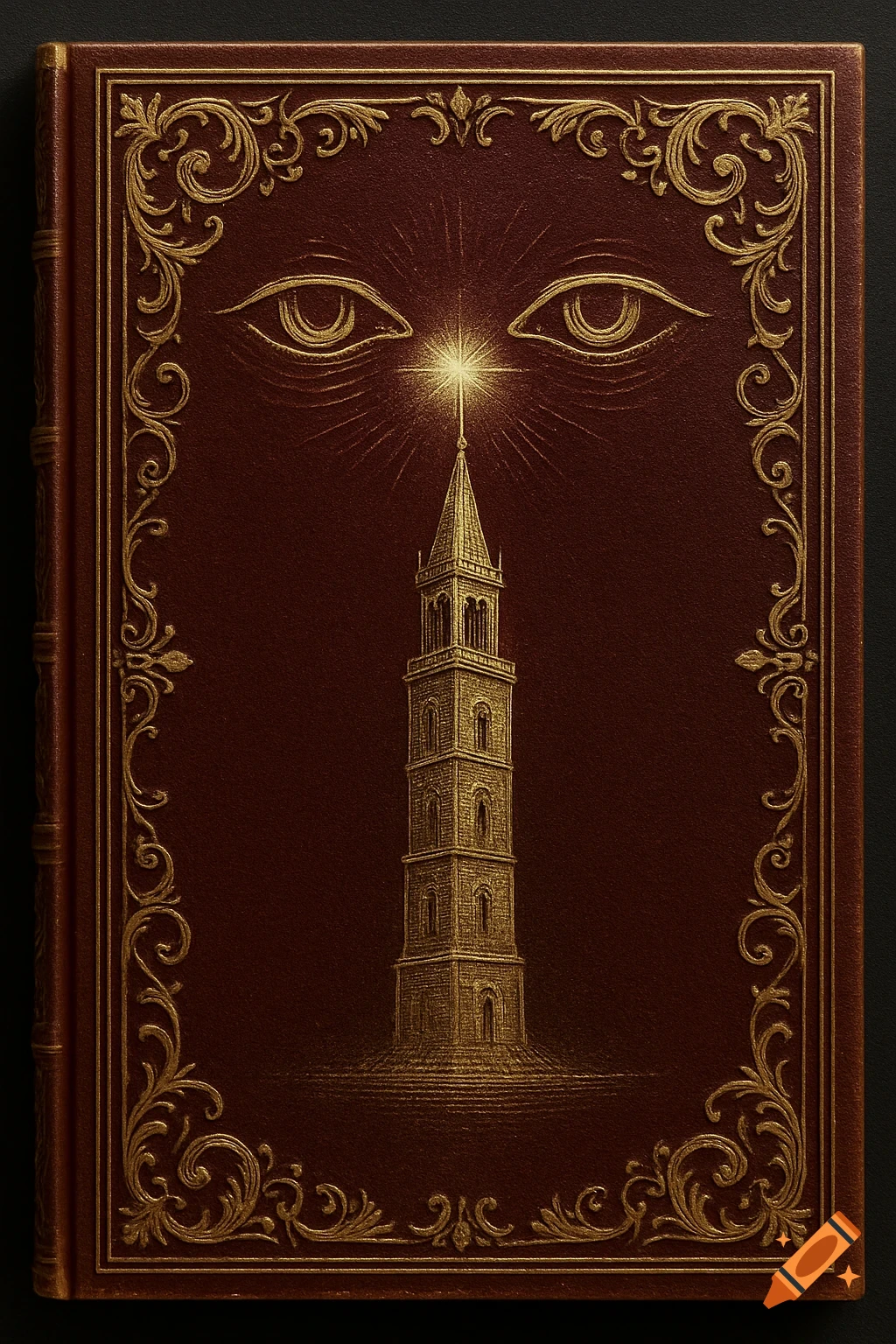 Ornate red book cover with gold baroque trimmings, two stylized gold eyes, and a tall gold tower with a glowing spire.