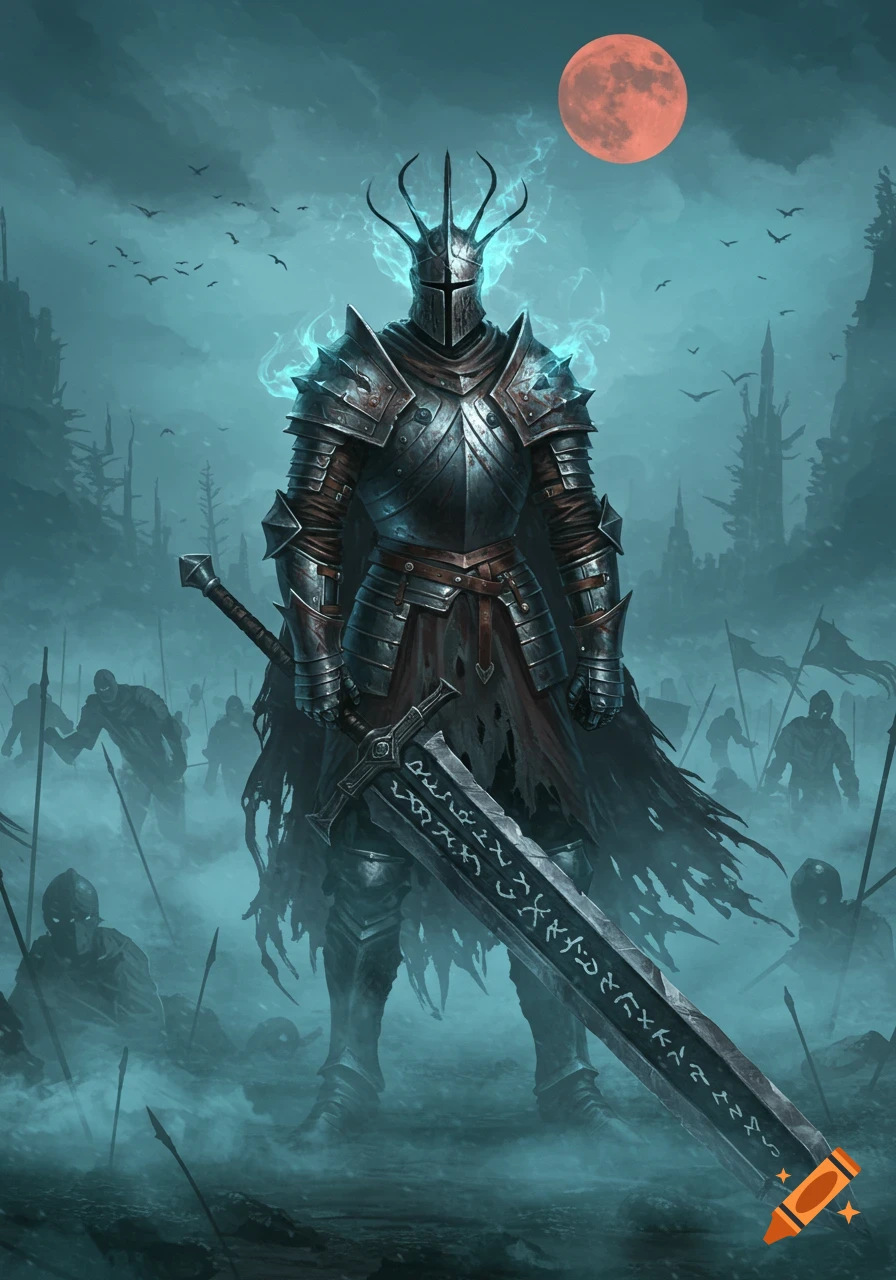 A heavily armored, spectral knight with glowing blue energy stands holding a large, rune-etched sword amidst a foggy, desolate battlefield under a red moon, with other figures in the background. Digital art.