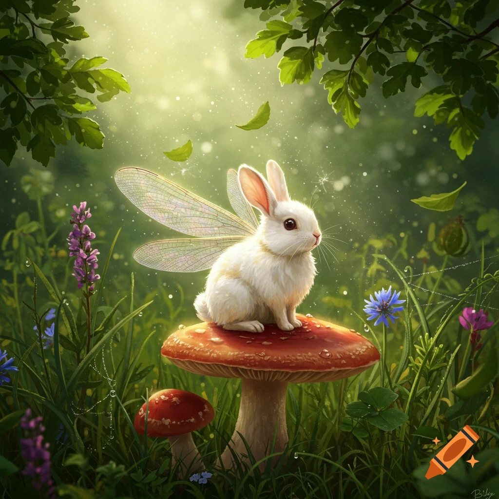 A white, fluffy bunny with delicate insect-like wings sits atop a red mushroom in a magical, sunlit forest clearing with lush greenery and flowers.