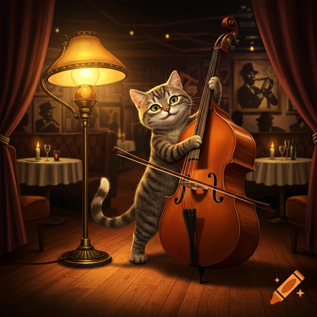 A cute cartoon tabby cat plays a double bass in a dimly lit jazz club setting, with tables and a lamp.
