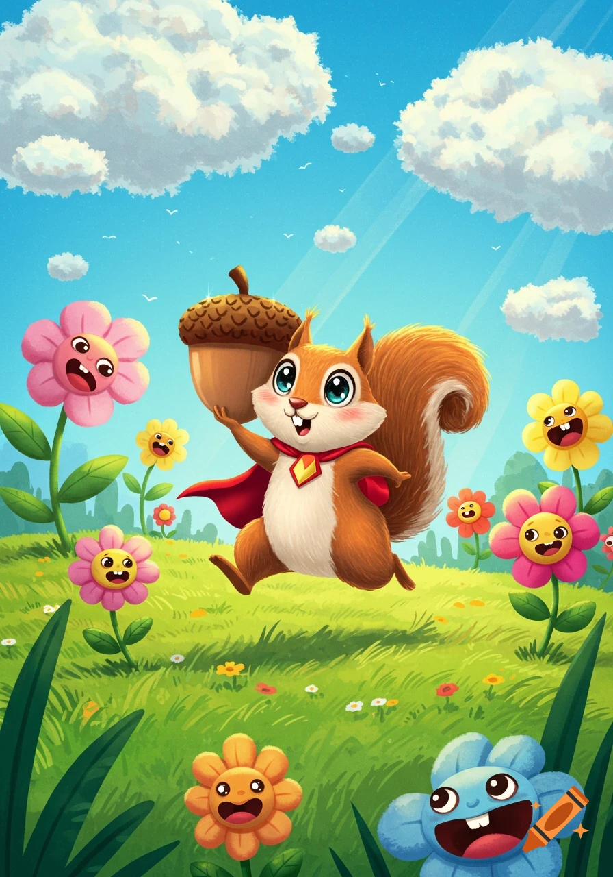 A cute cartoon squirrel in a red cape runs through a field holding an acorn, surrounded by smiling flowers under a blue sky, in a whimsical illustration.
