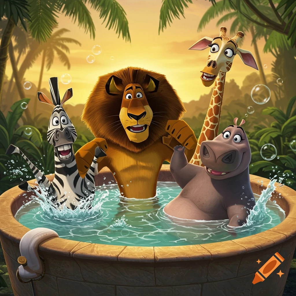 Alex the lion, Marty the zebra, Melman the giraffe, and Gloria the hippo from Madagascar enjoy a hot tub in a jungle setting, cartoon style.