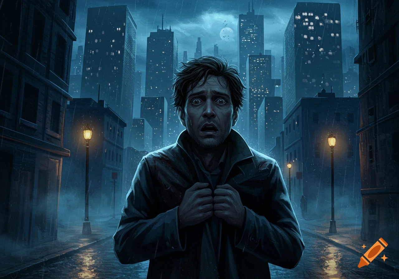 A scared man on a dark, rainy city street at night with towering buildings in a moody illustration.