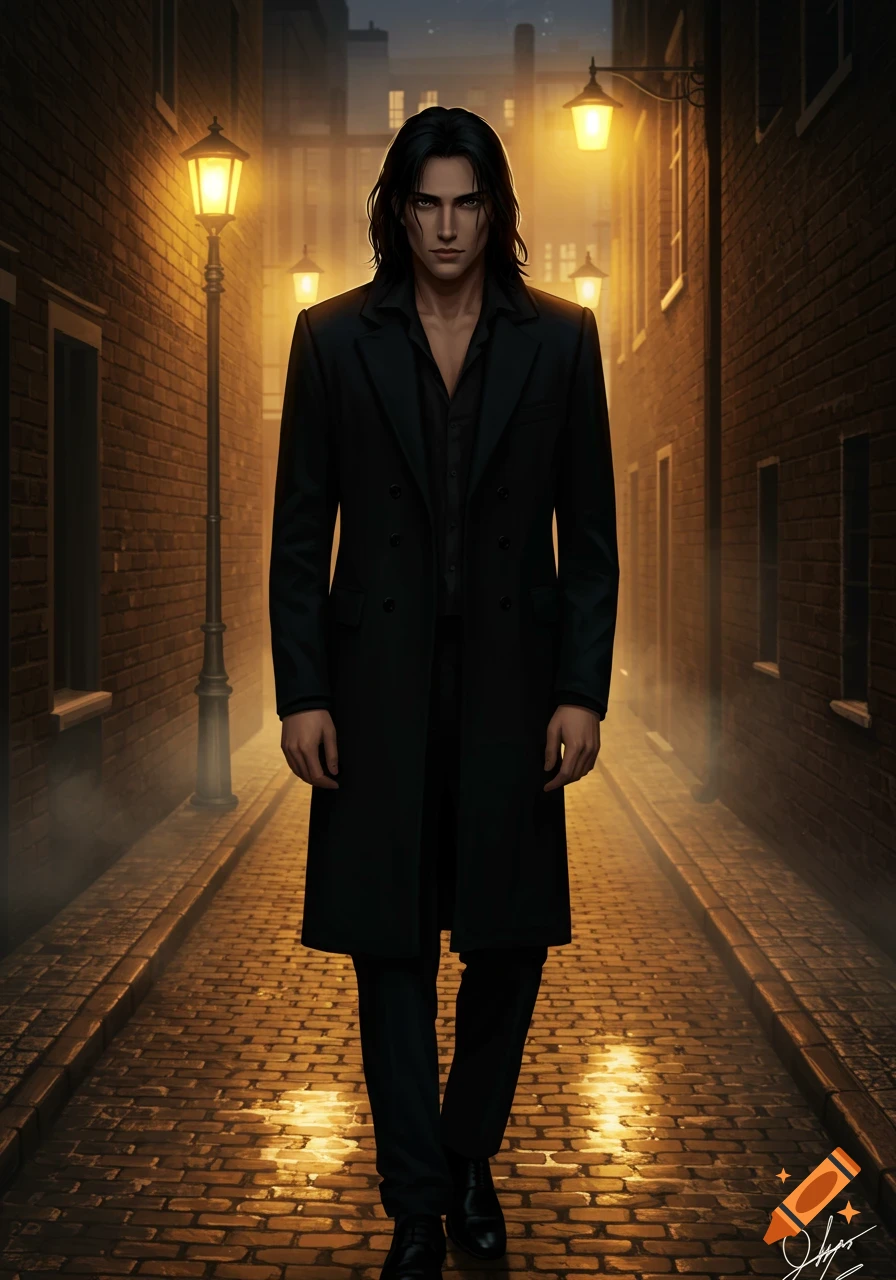 A brooding man with long black hair and a dark coat stands in a dimly lit, brick alleyway at night, illuminated by glowing street lamps.