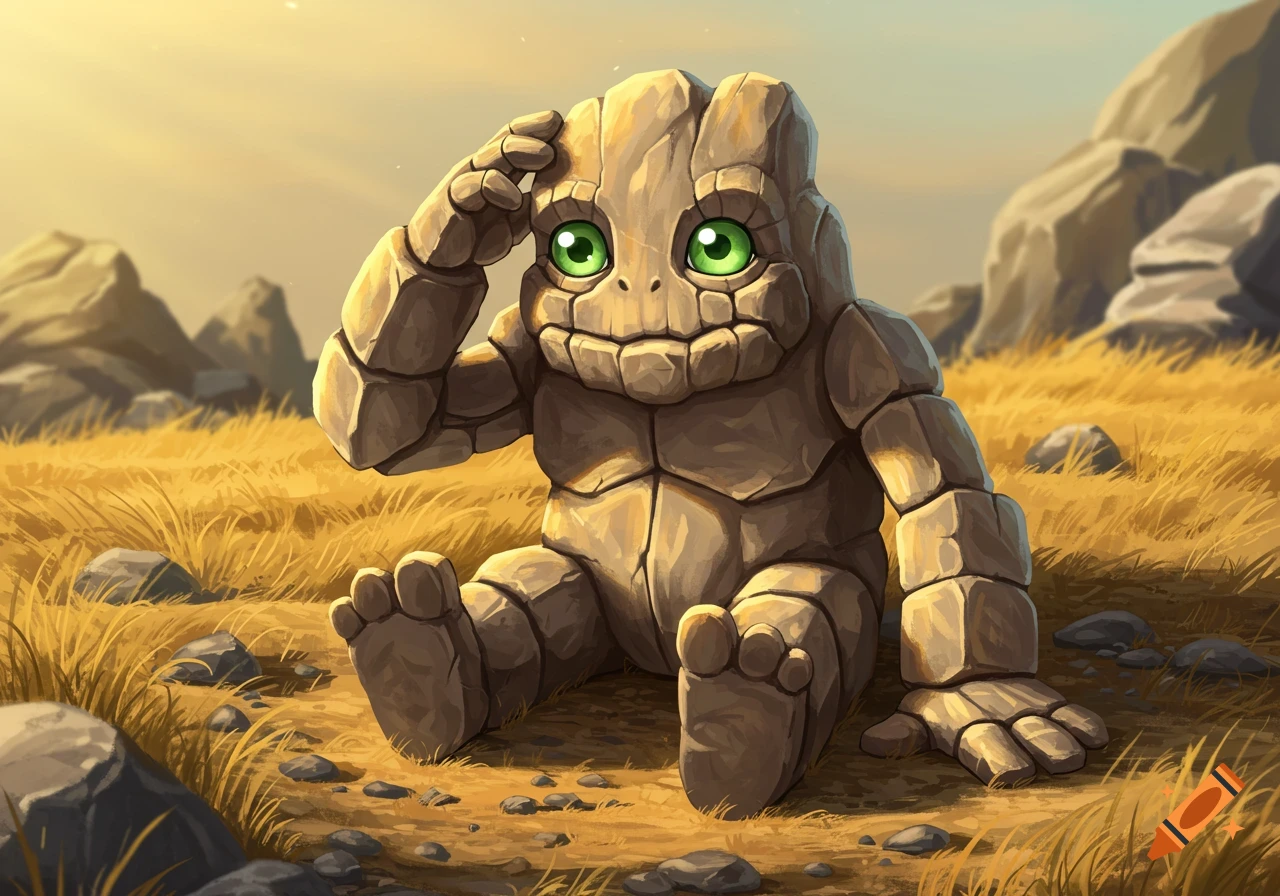 A cute, cartoonish rock creature with green eyes sits in a grassy, rocky landscape, patting its head under a warm sky.